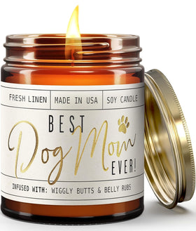 Soy and Sass Best Dog Mom Ever candle in vanilla coconut citrus, cozy evenings ambience.