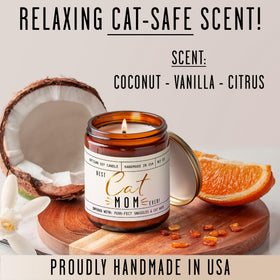 Soy and Sass Cat Mom candle infused with coconut evokes warm relaxation.