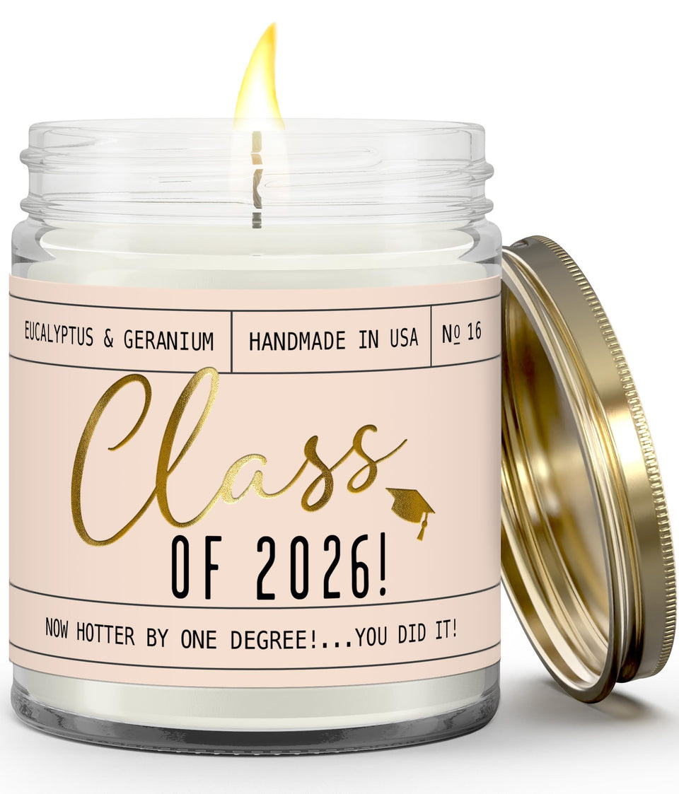Soy and Sass Class of 2026 candle with gold foil label for celebratory ambiance.