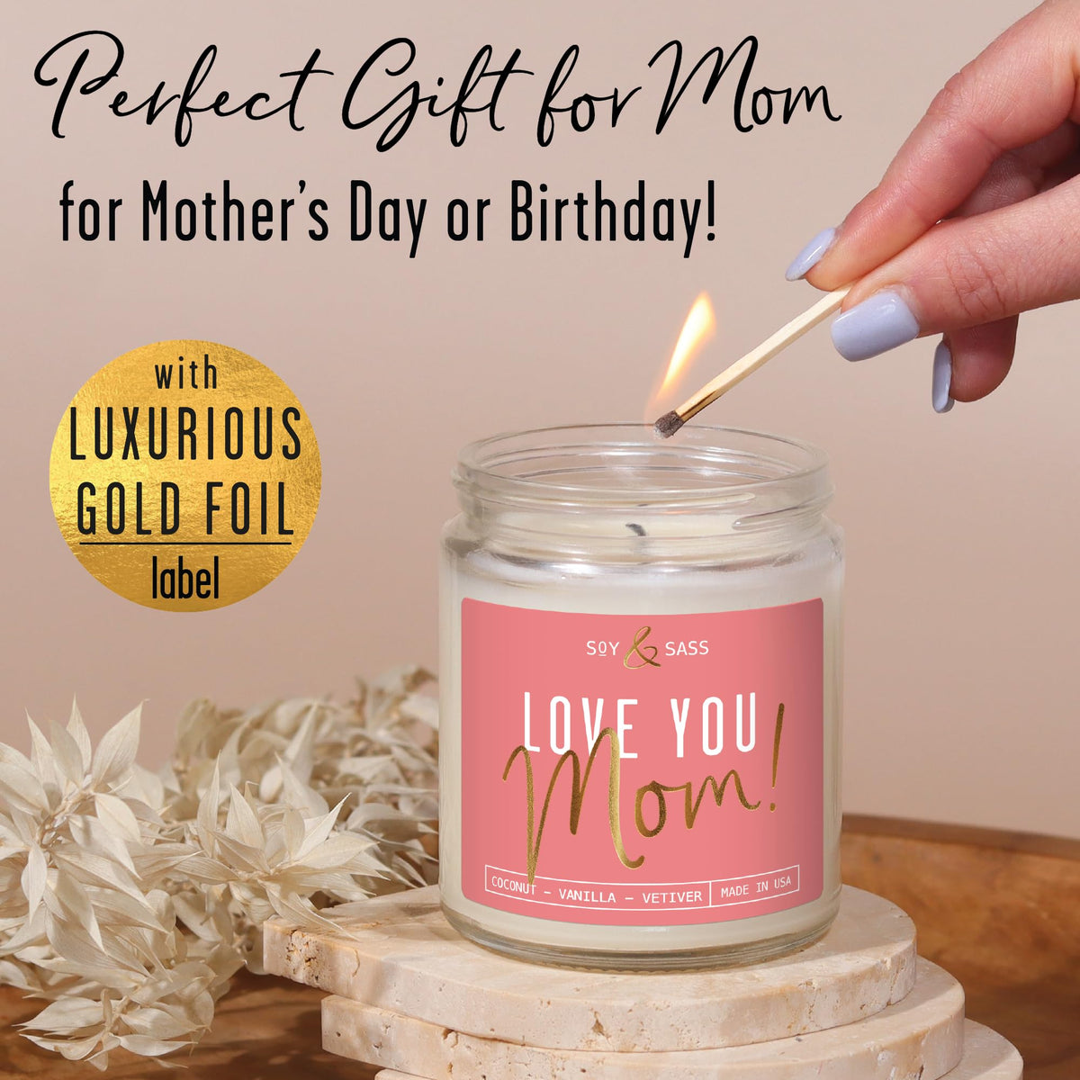 Soy and Sass coconut-vanilla aroma fills a room for relaxation.