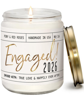Soy and Sass Engaged 2026 candle with gold-foil engraving for a milestone gift.