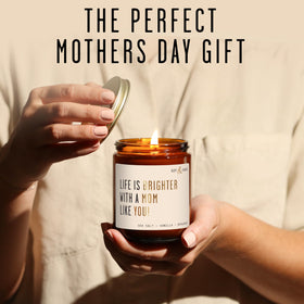 Soy and Sass etched gold script mom gift candle enhances a thoughtful present