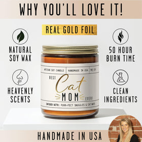 Soy and Sass gold foil label on Cat Mom candle.