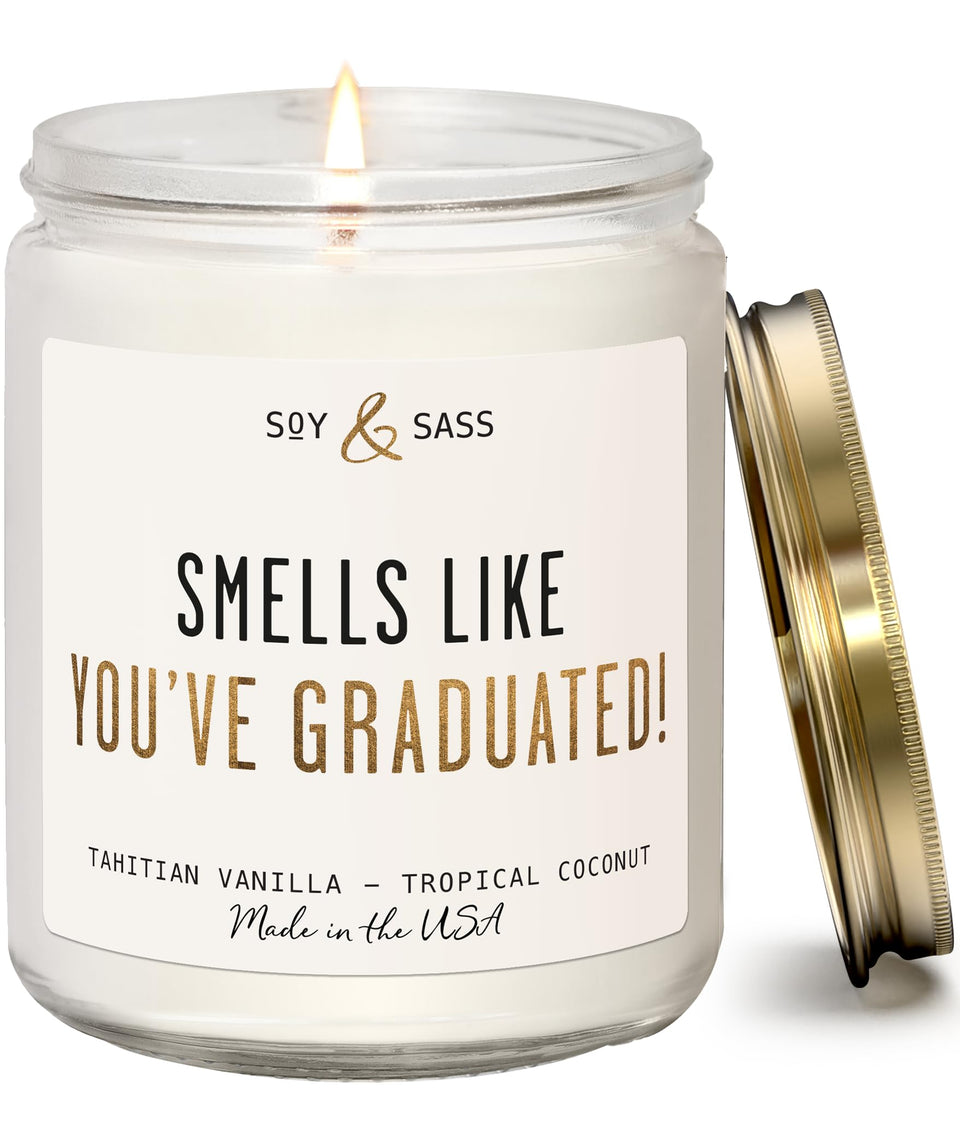 Soy and Sass Graduation Candle vanilla coconut, 9oz, celebratory ambience
