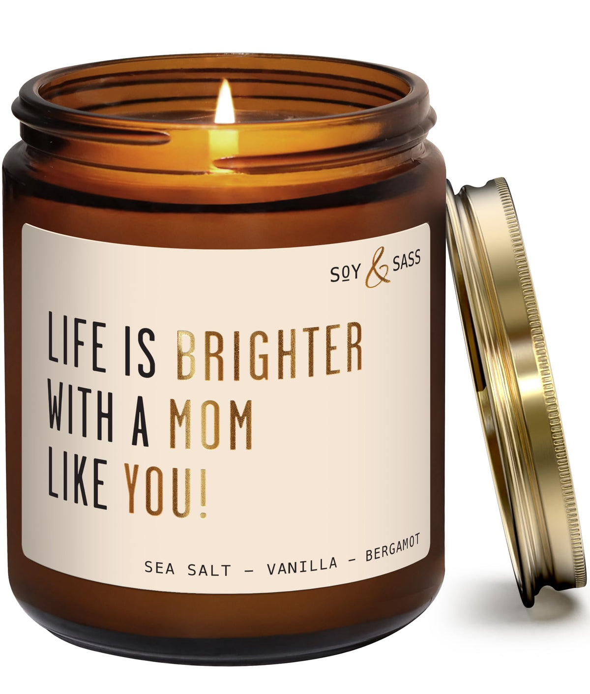 Soy and Sass Life Is Brighter Mom candle with fig and sandalwood for cozy relaxation