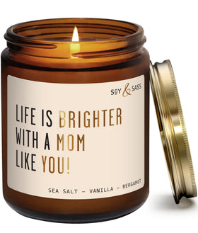 Soy and Sass Life Is Brighter Mom candle with fig and sandalwood for cozy relaxation