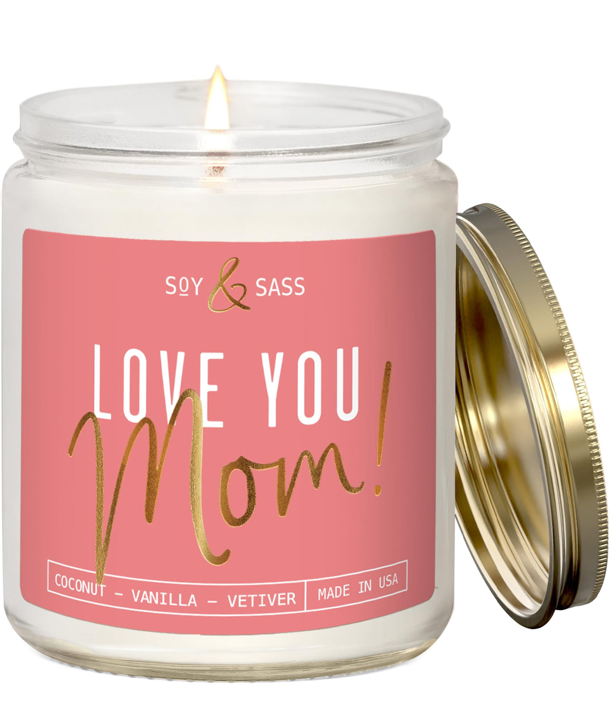 Soy and Sass Love Mom candle with gold-foil etching for an elegant gift.