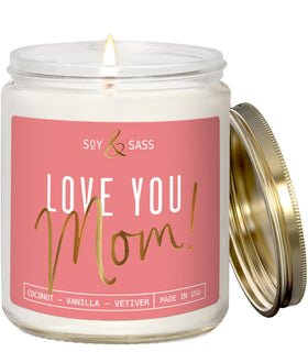 Soy and Sass Love Mom candle with gold-foil etching for an elegant gift.