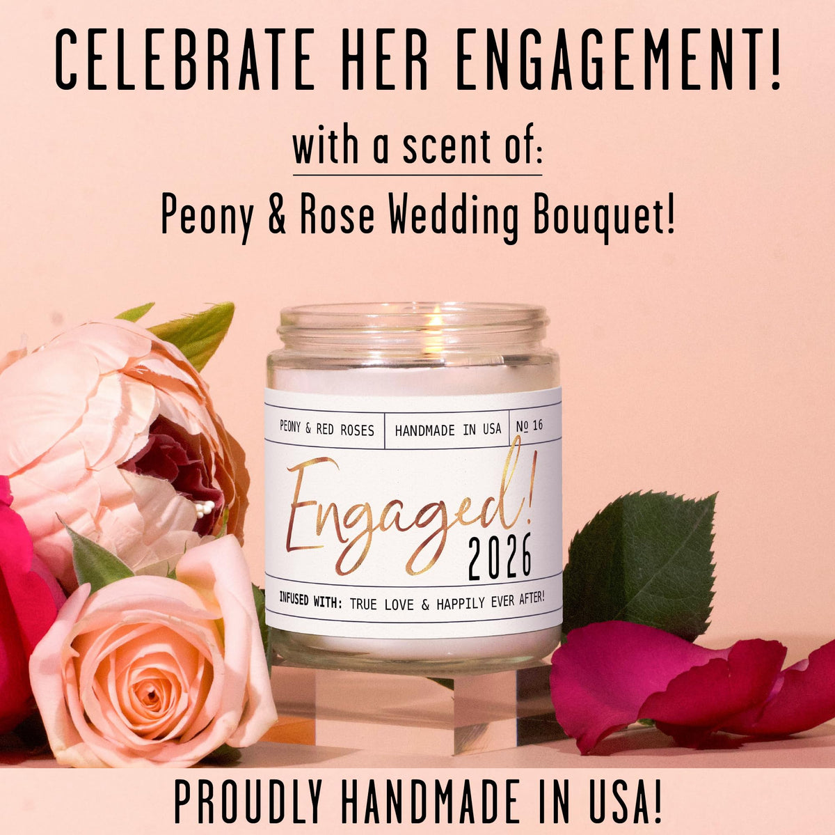 Soy and Sass Peony and Red Rose wedding bouquet scent evokes bridal memories.
