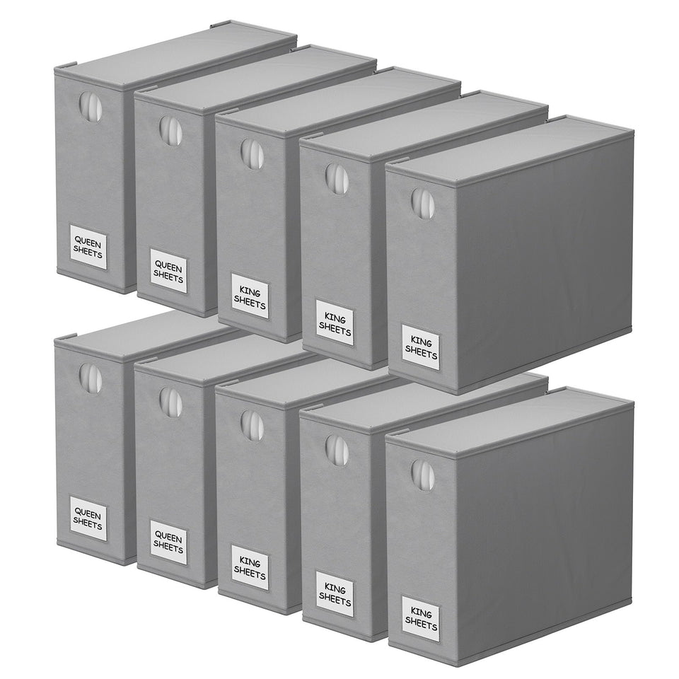 SpaceAid 10-pack bed sheet organizers keep linens neatly organized in a closet.