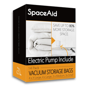 SpaceAid 14-pack vacuum bags with electric pump enabling space-saving wardrobe storage