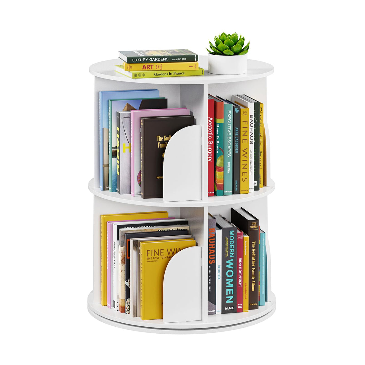 SpaceAid 2-tier rotating bookshelf tower, front view, compact white storage.