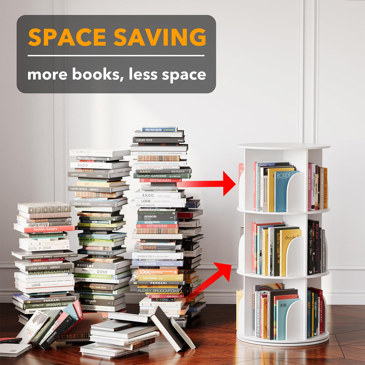SpaceAid 3-tier bookcase rotation displaying multiple titles at a glance.