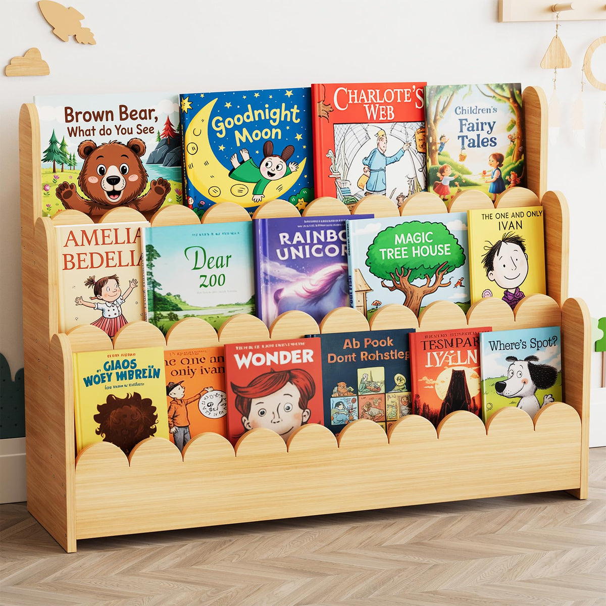 SpaceAid 3-tier scalloped bookshelf front display for easy-access toddler books