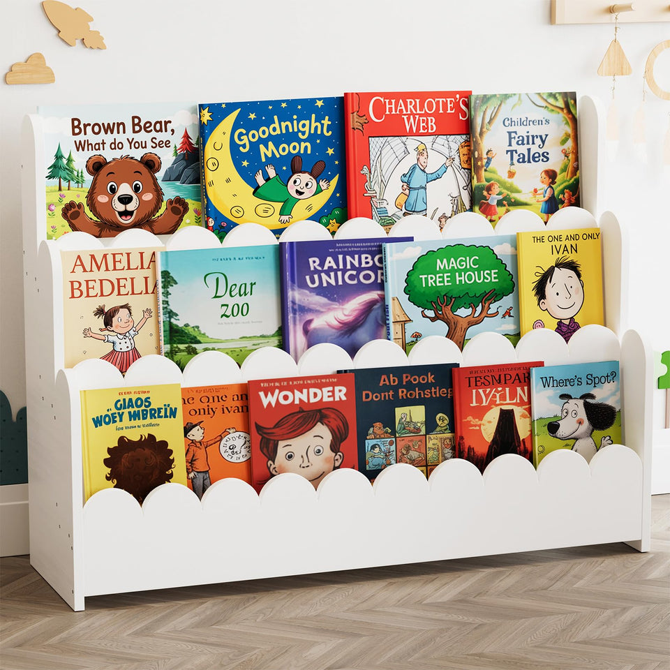 SpaceAid 3-Tier Scalloped Bookshelf with a front-facing display for easy toddler access.