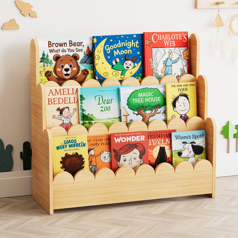 SpaceAid 3-Tier Scalloped Bookshelf front view showing easy toddler access