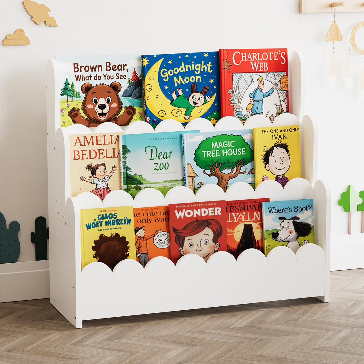 SpaceAid 3-Tier Scalloped Bookshelf front view showing accessible toddler storage