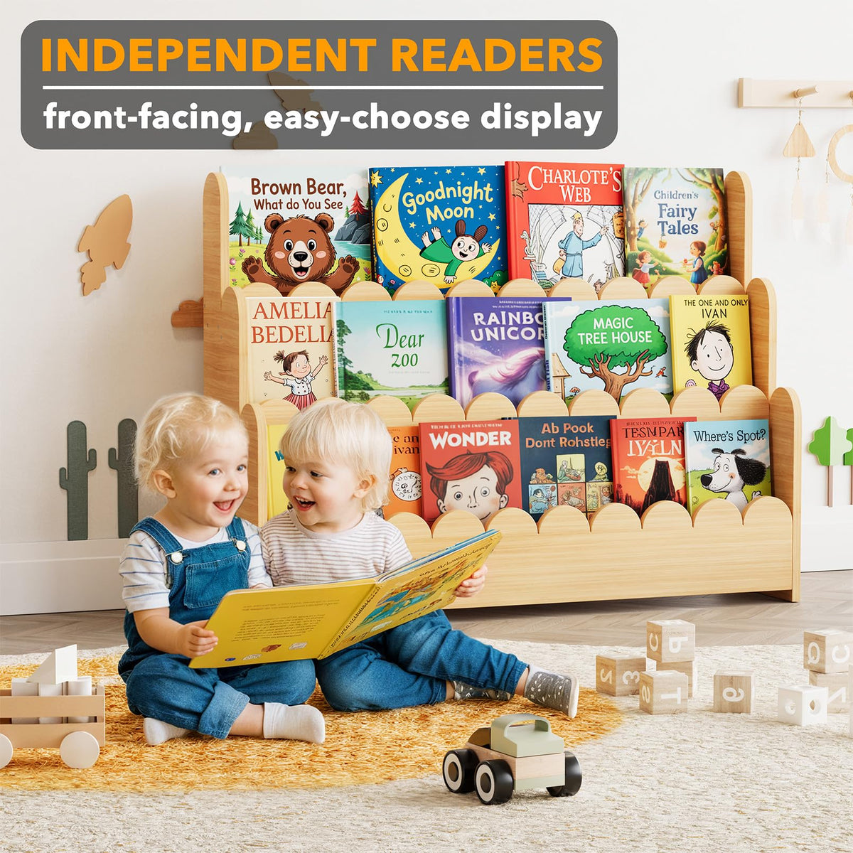 SpaceAid wooden bookcase side view in nursery setup promoting independent reading