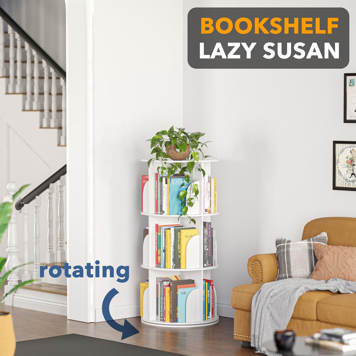 SpaceAid 360-degree spinning bookcase illustrating full accessibility.