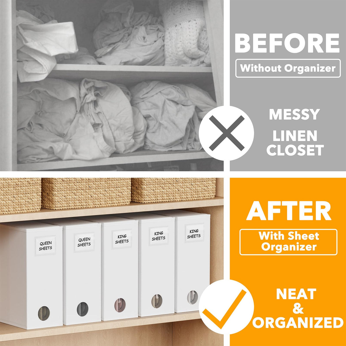 SpaceAid sheet organizers folded for space-saving closet storage