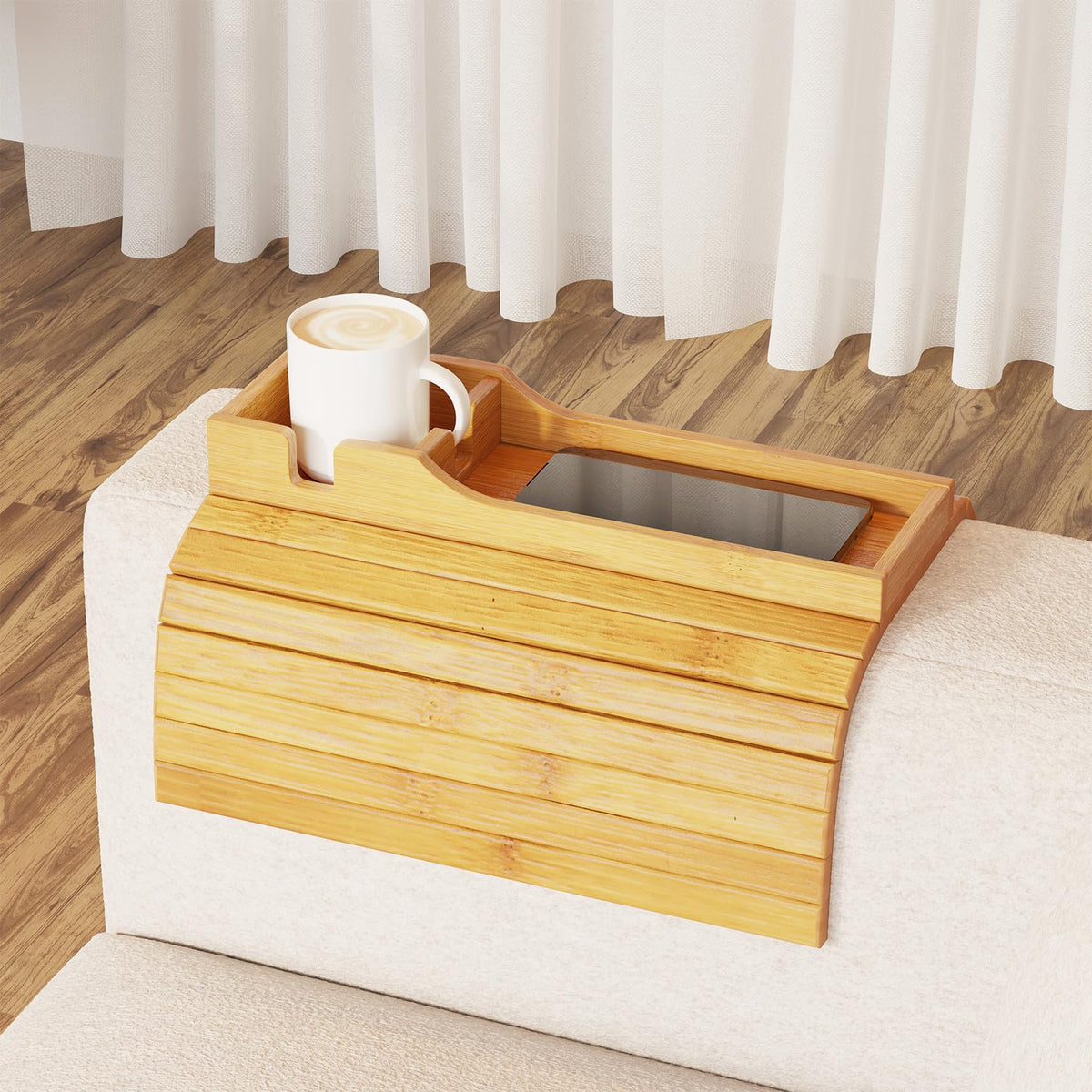 SpaceAid bamboo couch cup holder main view shows organized drinks and remotes.