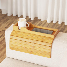SpaceAid bamboo couch cup holder main view shows organized drinks and remotes.