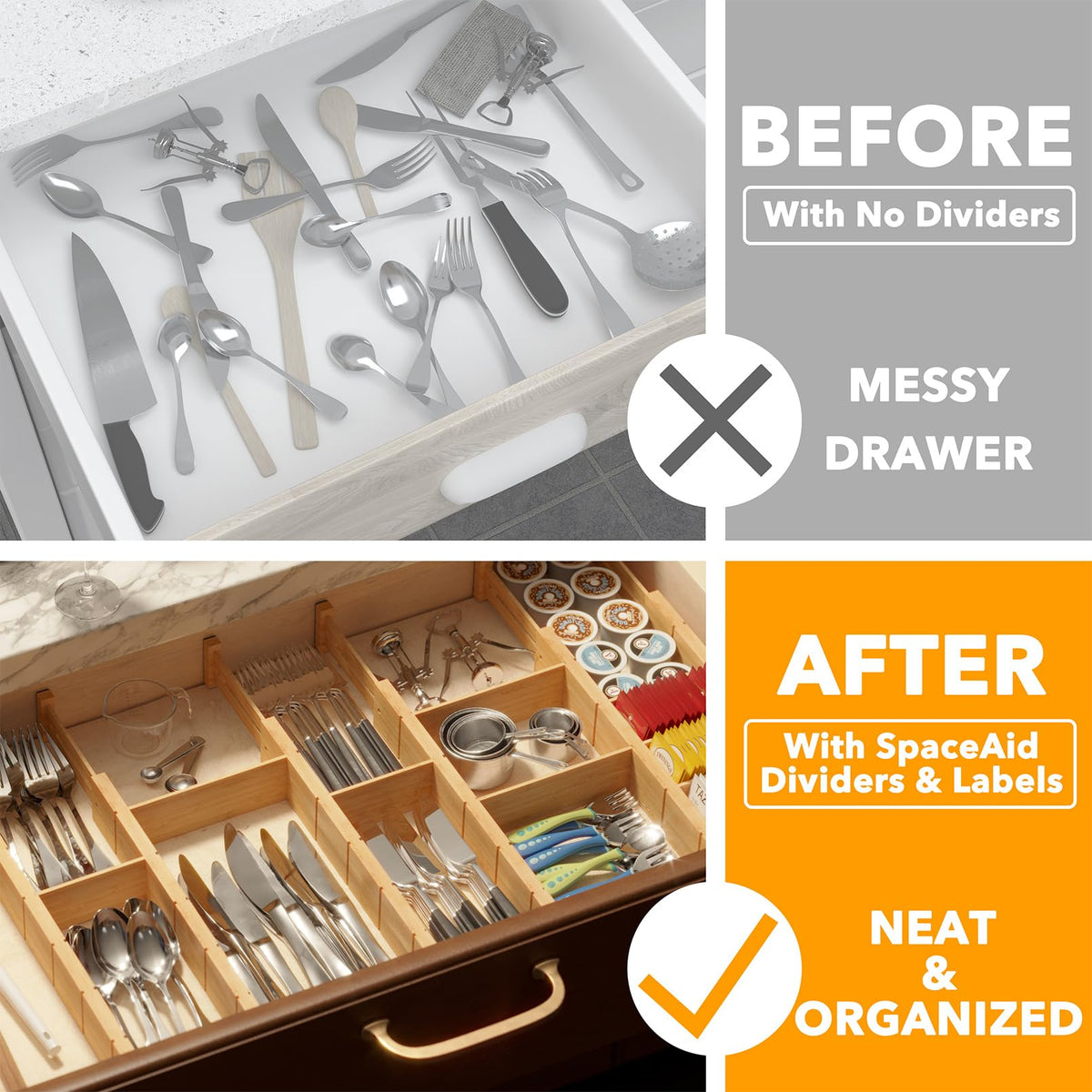 SpaceAid divider inserts for modular partitioning of utensils and supplies.