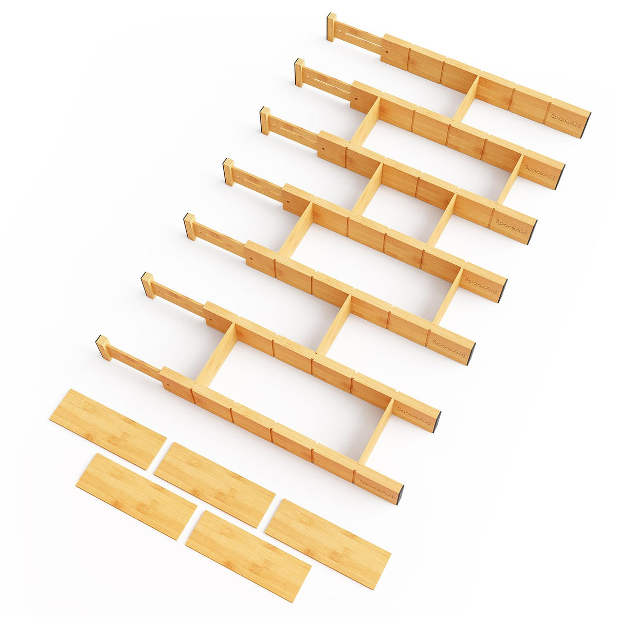 SpaceAid bamboo drawer divider extendable for flexible kitchen storage.