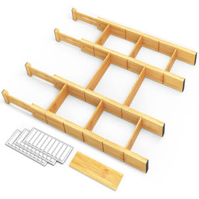 SpaceAid bamboo drawer divider extended supports organized utensil layouts.
