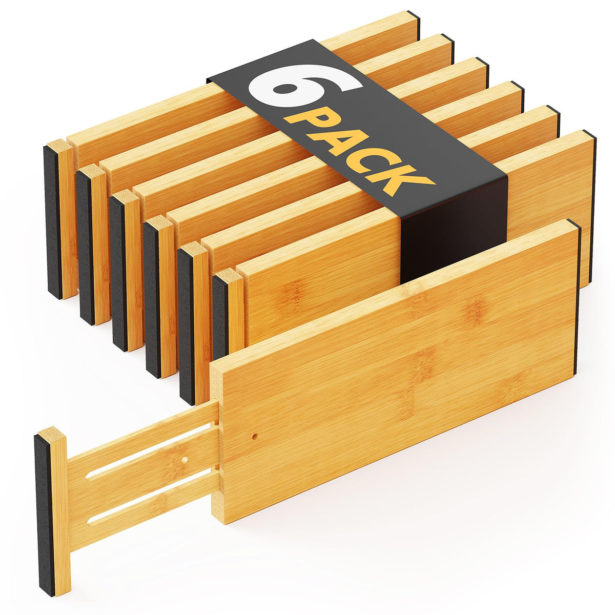 SpaceAid bamboo drawer dividers in a 6-pack for flexible drawer organization.
