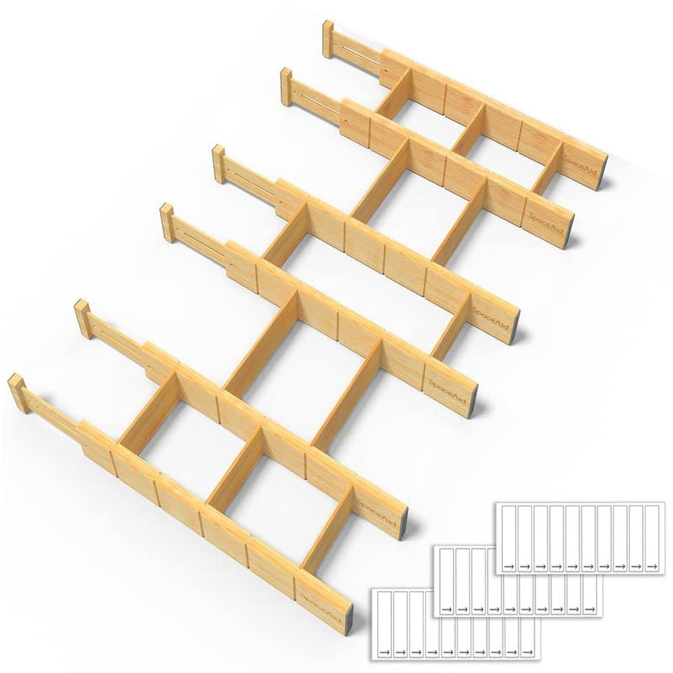 SpaceAid bamboo drawer dividers organize utensils neatly in a kitchen drawer.
