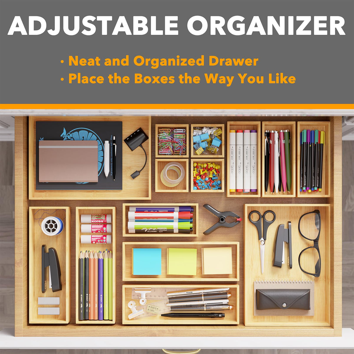 SpaceAid bamboo kitchen drawer organizer keeps cutlery within easy reach and visible.