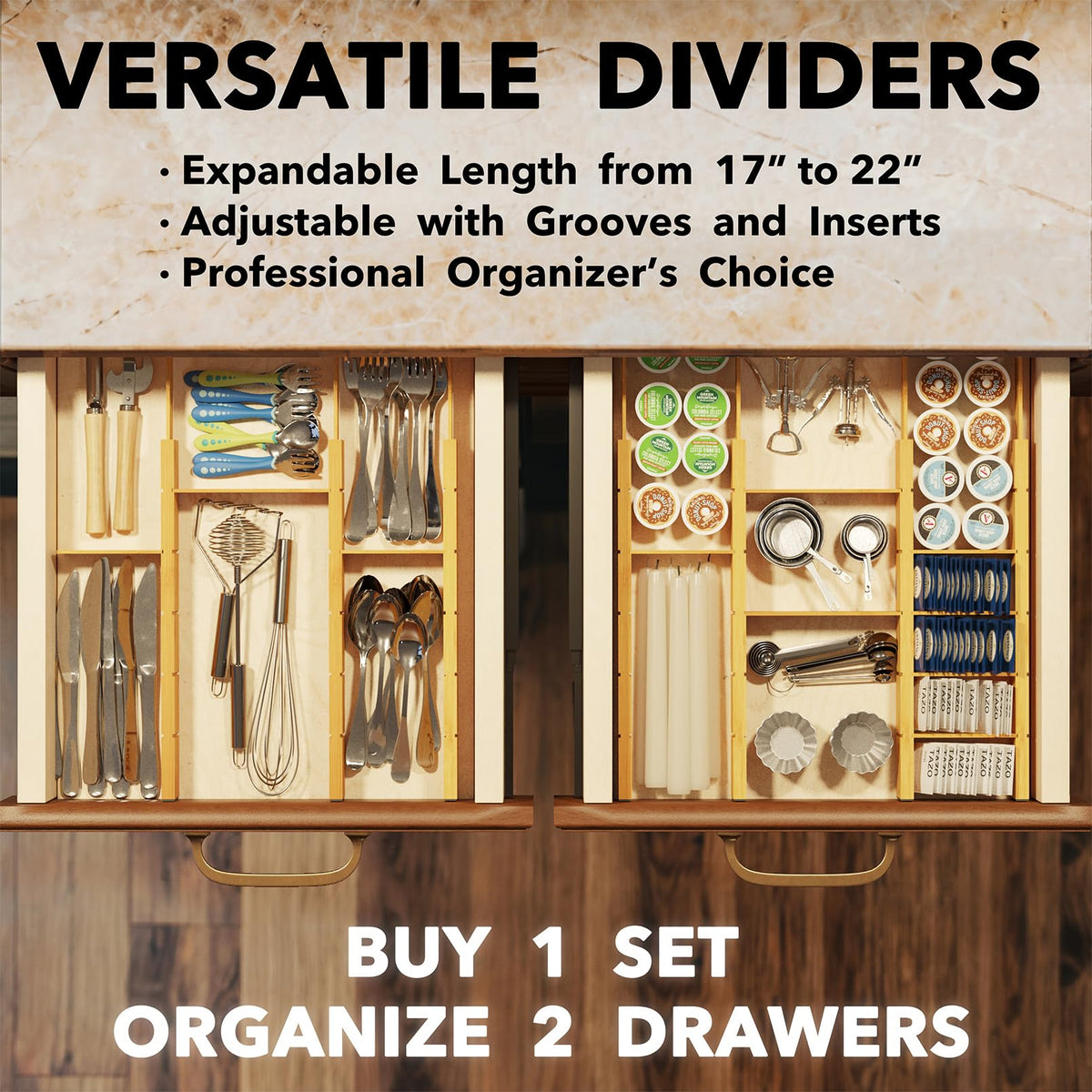 SpaceAid bamboo drawer organizer kit for home, office, and dresser drawers.