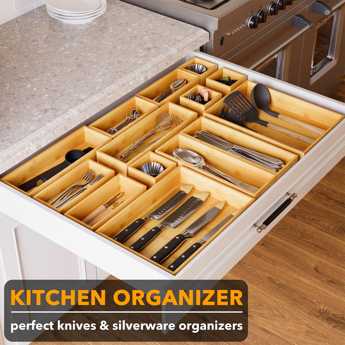 SpaceAid bamboo large box organizer sturdy for utensils and flatware in busy drawers.