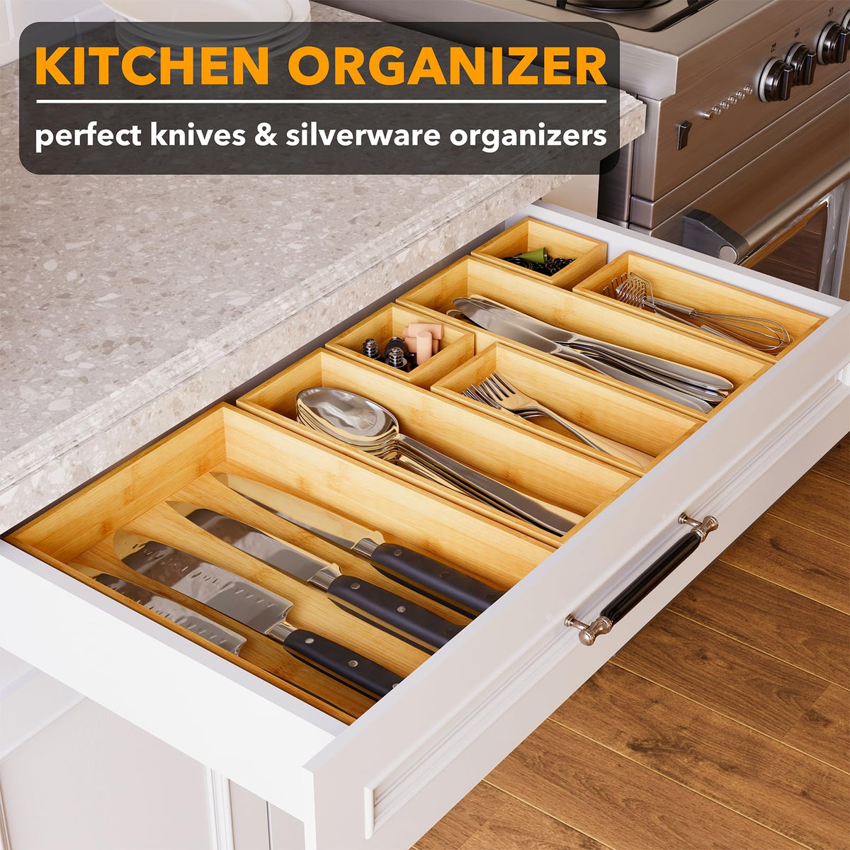 SpaceAid bamboo large drawer organizer provides ample space for utensils in big drawers.
