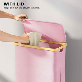 SpaceAid bamboo handle laundry bin fits narrow closet for organized storage