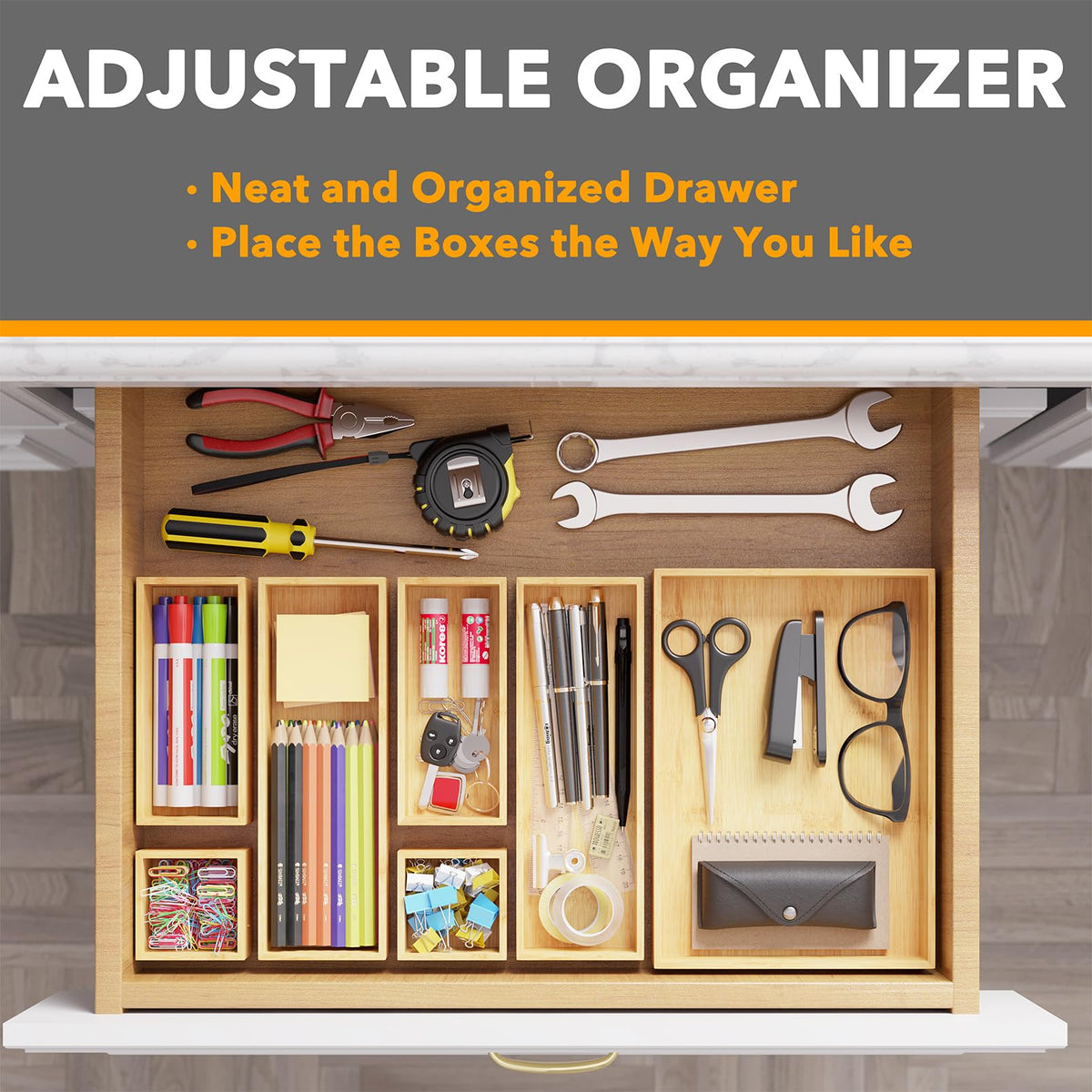 SpaceAid bamboo multi-use divider bins declutter cabinets, desks, and vanities.