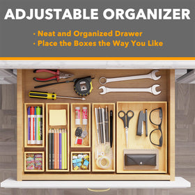 SpaceAid bamboo multi-use divider bins declutter cabinets, desks, and vanities.