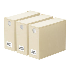 SpaceAid beige 3-pack bed sheet organizers seen from the front for easy access