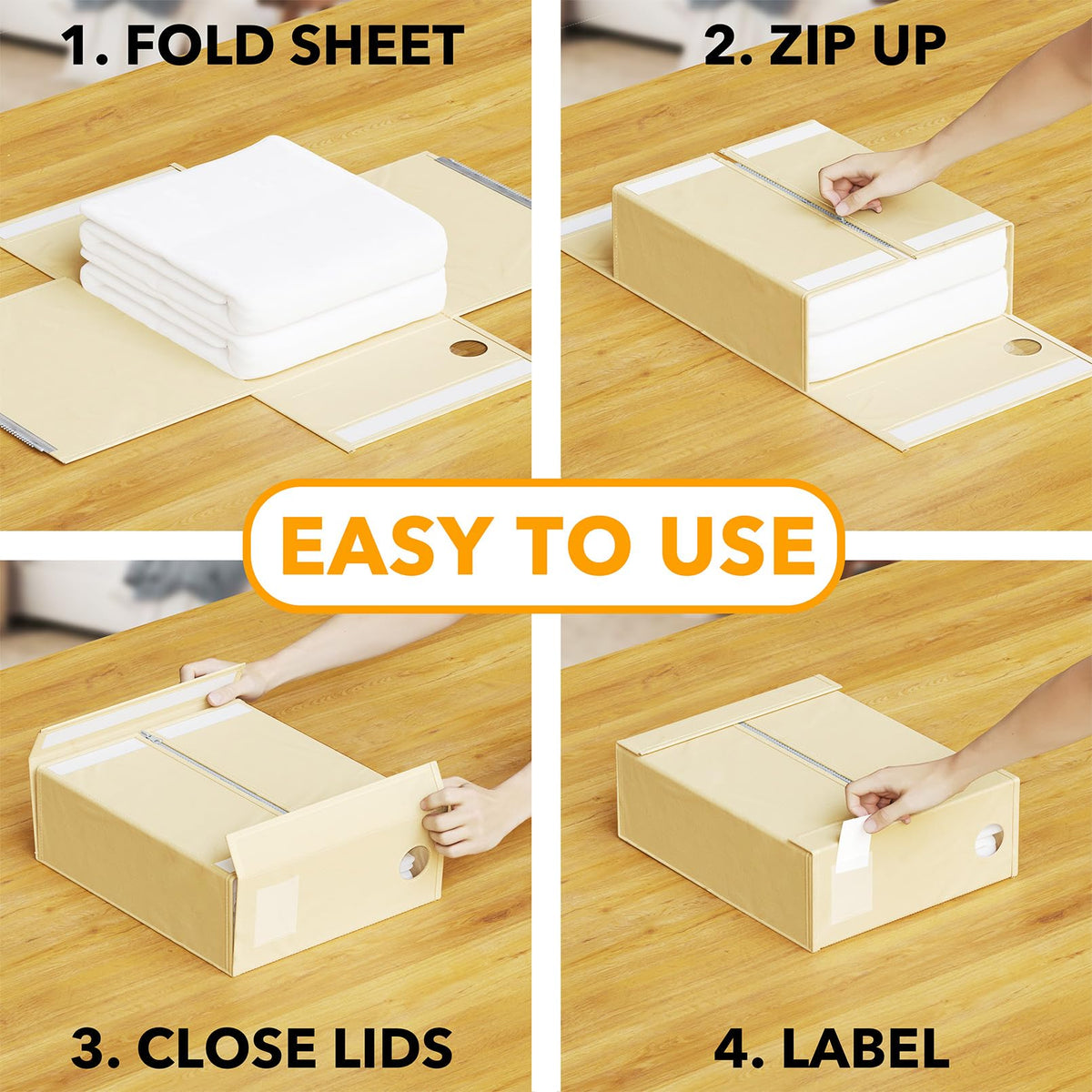 SpaceAid beige sheet organizer with label cards inside helps identify linens quickly.