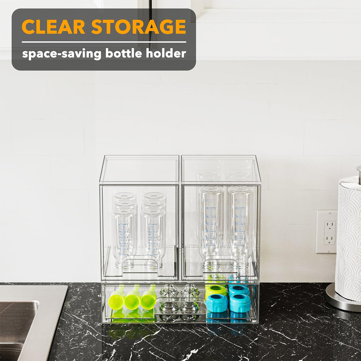 SpaceAid bottle storage organizer non-slip pads prevent movement during use.