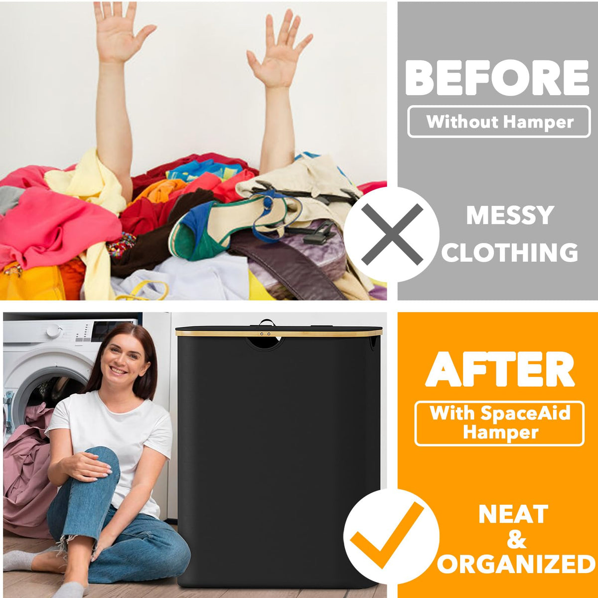 SpaceAid Double Laundry Hamper bamboo handles enable easy transport around the home.