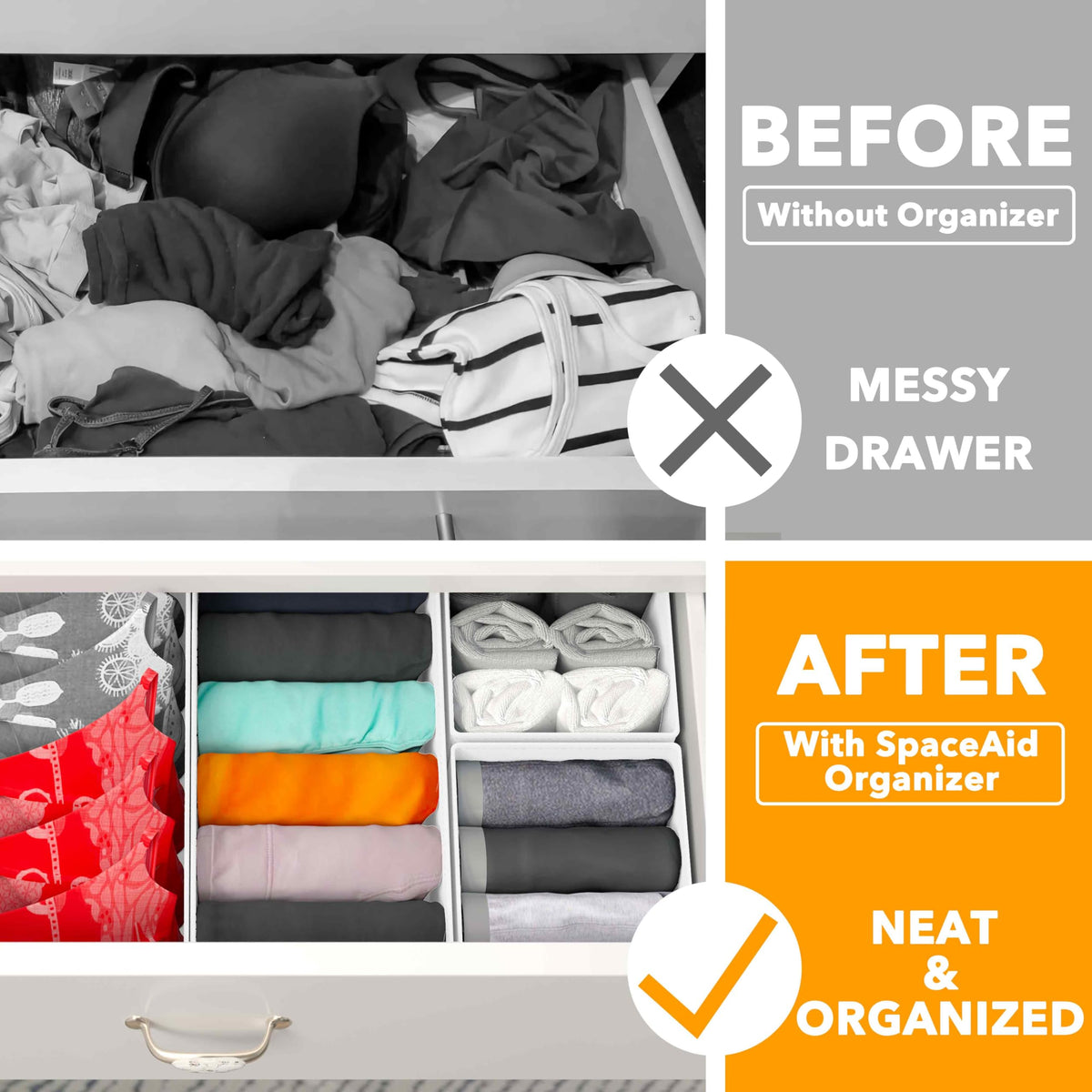 SpaceAid large-bin in a drawer organizes sweaters and towels with clear visibility