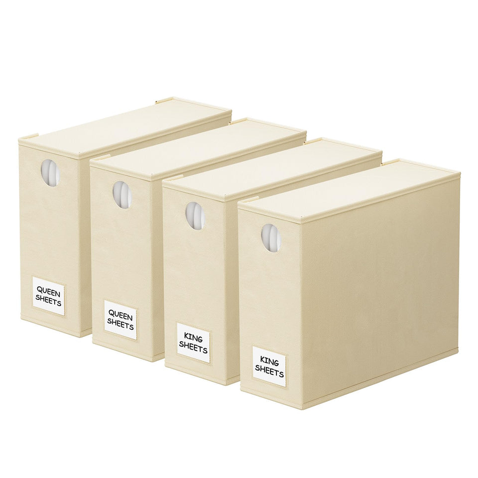 SpaceAid foldable beige sheet organizers neatly store linens in a tidy closet