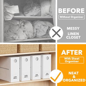 SpaceAid foldable sheet organizer helps keep linens neatly organized in a closet.
