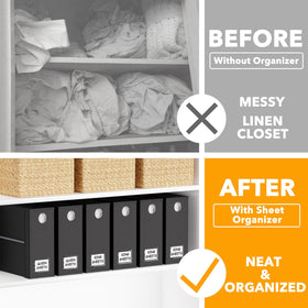 SpaceAid foldable sheet organizer shown in closet for easy storage