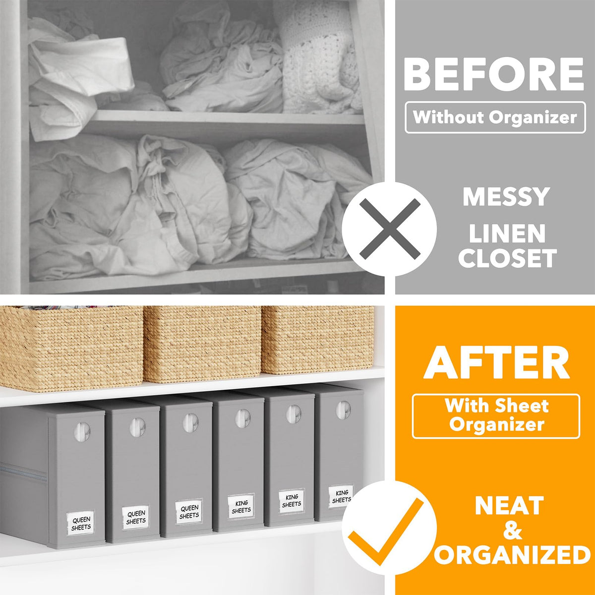 SpaceAid foldable sheet organizer keeps queen and king sets neat and easy to retrieve.