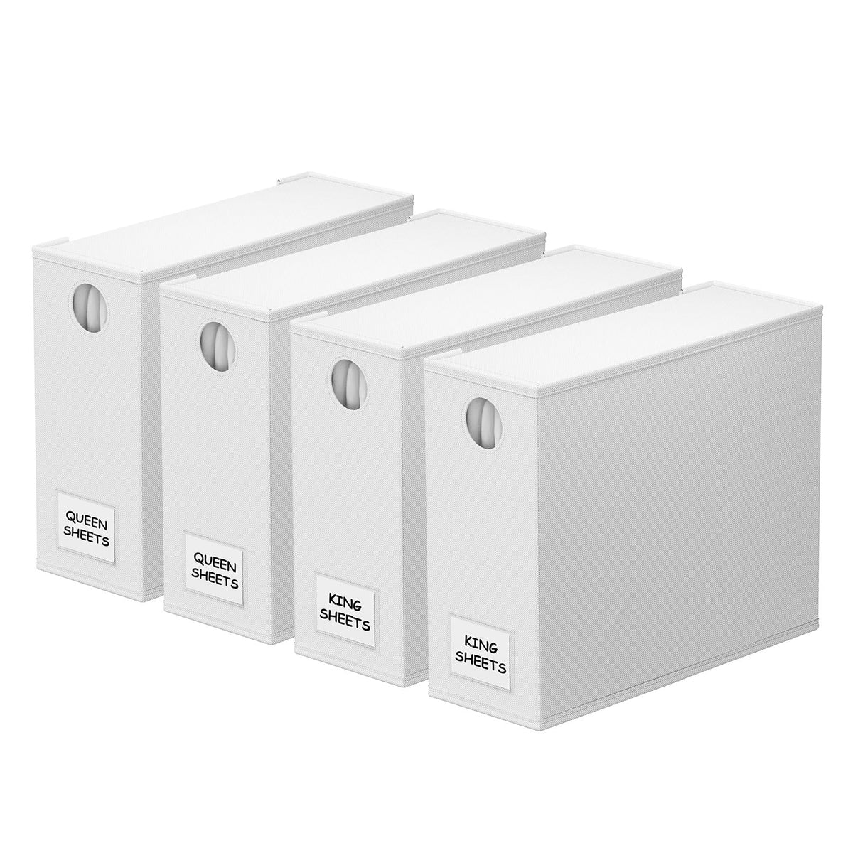 SpaceAid four-pack bed sheet organizers with circle window for quick viewing of contents.