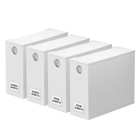SpaceAid four-pack bed sheet organizers with circle window for quick viewing of contents.