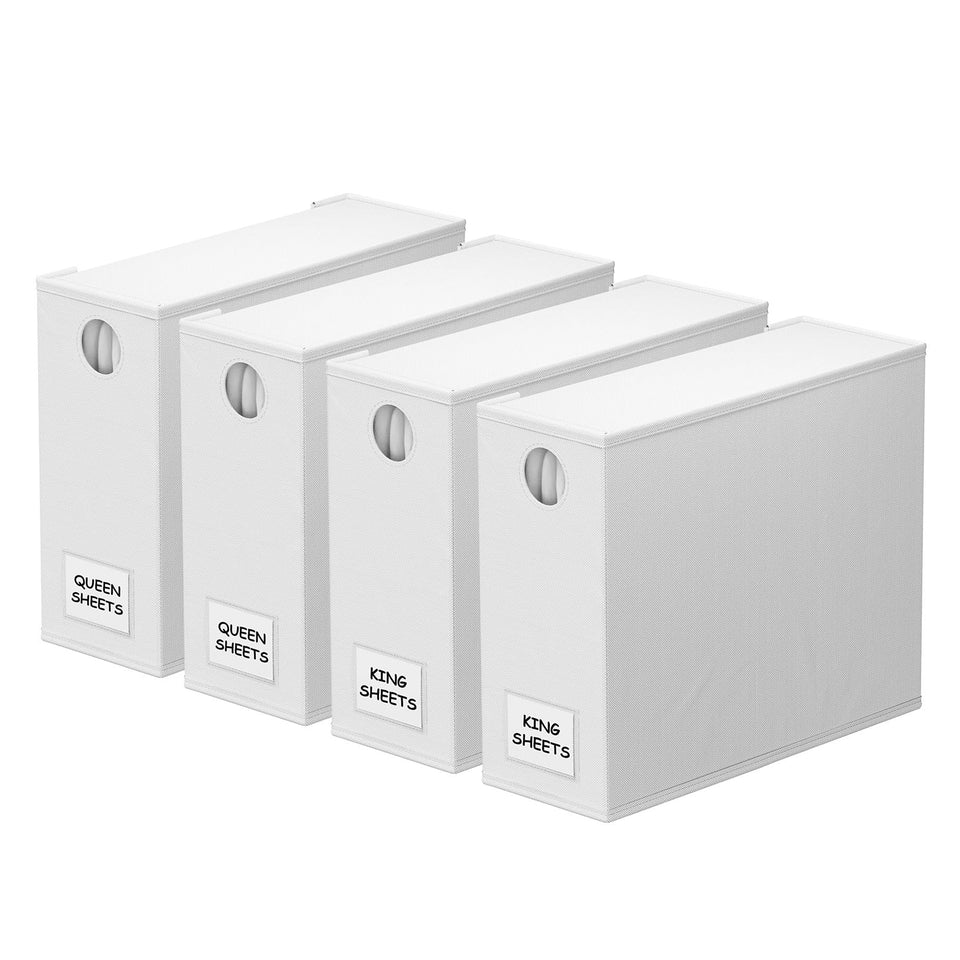 SpaceAid four-pack bed sheet organizers with circle window for quick viewing of contents.